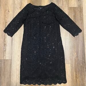 Tiana B Lace Sequined Midi Black Dress Womens 14W Holiday Party Classic Cocktail